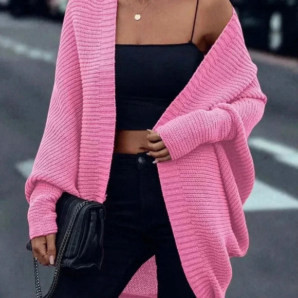 Pink Casual Women's Open Front Batwing Sleeve Cardigan - Picture 6 of 6